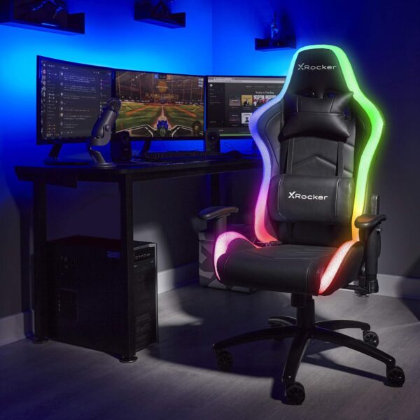 X Rocker Bravo RGB PC Gaming Chair with Neo Motion LED Lighting, Ergonomic High Back Office Chair, Height Adjustable Seat & Swivel, PU Faux Leather, Black - Image 3