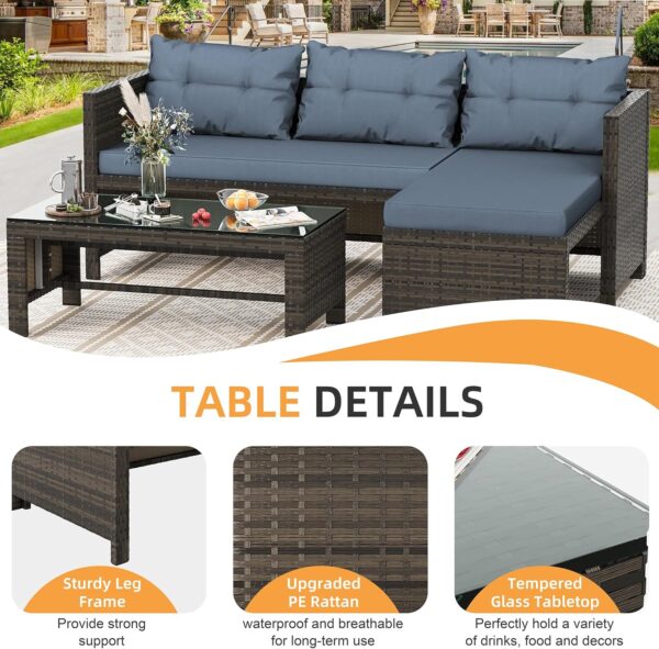 Shintenchi Outdoor Patio Furniture Sets, Wicker Patio sectional Sets 3-Piece, All Weather Wicker Rattan Patio Seating Sofas with Glass Coffee Table and Cushion (Blue) - Image 4
