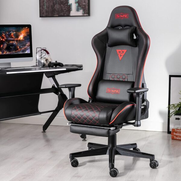 S*MAX Gaming Chair with Footrest Thicken Seat Gaming Chairs with 3D Armrest PU Leather Headrest and Lumbar Support Racing Style High Back Gaming Chair for Adults Black - Image 3