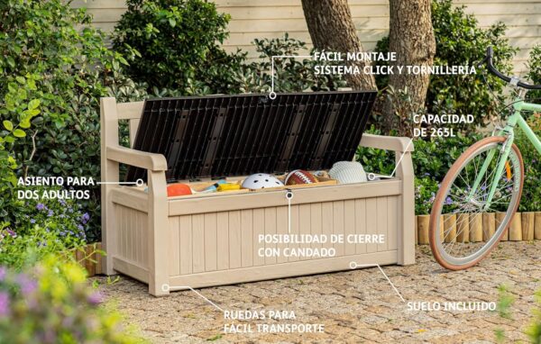Keter Eden Bench 265L Outdoor 60% recycled Garden Furniture Storage Box Beige & Brown Wood Panel Effect | Fade Free | All Weather Resistant | Safe and Secure | Zero Maintenance | 2 year Warranty - Image 4