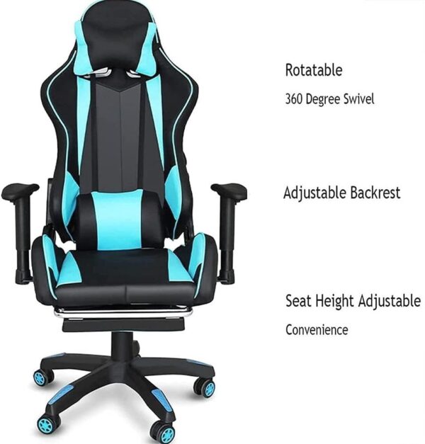 HOTRA Gaming Chair with Footrest, Racing Armchair PU Leather E-Sports Gamer Chairs Ergonomic Office Recliner with Lumbar Pillow and Adjustable Headrest for Adults Teens (Color : Blue) - Image 6