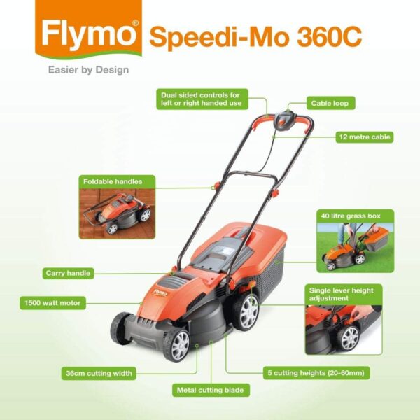 Flymo Speedi-Mo 360C Electric Wheeled Lawn Mower, 1500 W, Cutting Width 36 cm, Orange/black - Image 3