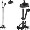 gotonovo Bathroom Exposed Shower Fixture Set 2 Functions 8 Inch Rainfall Shower Head Wall Mount 2 Double Knobs Cross Handle Mixer Shower System Combo Unit Brass Handheld Spray Matte Black - Image 2