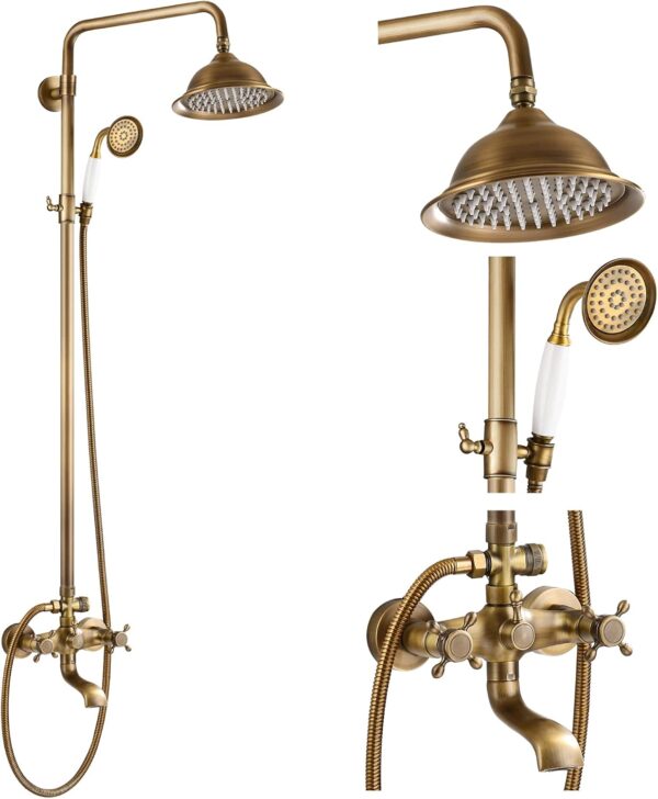 gotonovo Bathroom Exposed Shower Faucet Outdoor Shower System 8 Inch Rainfall Shower Head Set with Tub Spout and Handheld Spray Double Cross Handles Wall Mount without Shower Shelf Antique Brass - Image 2
