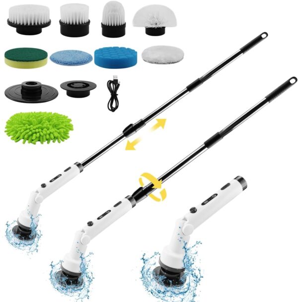 RHHGHY Electric Spin Scrubber Cleaning Brush Kit, with 180° Bathroom Shower Cleaning Brush, with Long Handle/9 Replaceable Brush Heads, Display, Power Scrubber Cordless, for Floor, Bathroom, Kitchen - Image 2