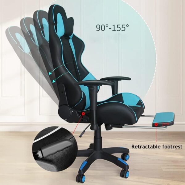 HOTRA Gaming Chair with Footrest, Racing Armchair PU Leather E-Sports Gamer Chairs Ergonomic Office Recliner with Lumbar Pillow and Adjustable Headrest for Adults Teens (Color : Blue) - Image 5
