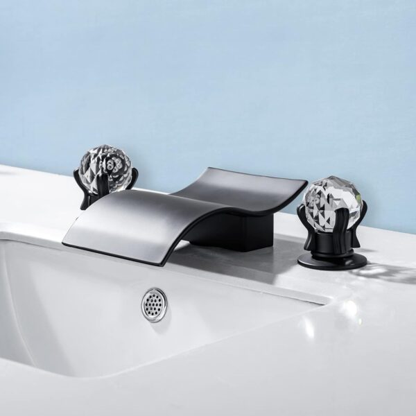 DEOLER Waterfall Bathroom Sink Faucet Set with Two Crystal Knob Handle, Modern Vanity Bathtub Faucet Deck Mounted 8 Inch 3 Hole Widespread Roman Tub Faucet with Brass Valve Kit, Matte Black - Image 9