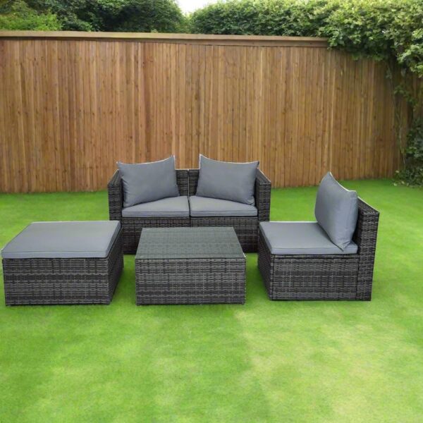 EVRE Malaga Grey Rattan Garden Outdoor Furniture Wicker Set 4 Seat Corner Sofa Couch Footstool Glass Top Table with Cushions for Patios Conservatories Gardens - Image 4