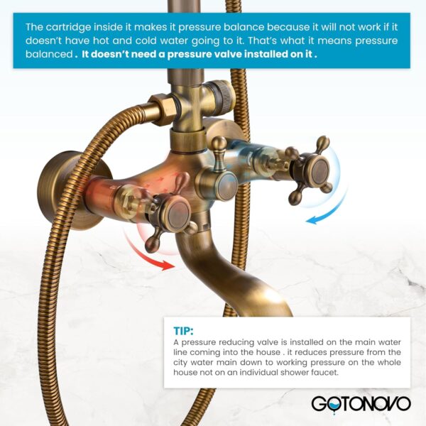 gotonovo Bathroom Exposed Shower Faucet Outdoor Shower System 8 Inch Rainfall Shower Head Set with Tub Spout and Handheld Spray Double Cross Handles Wall Mount without Shower Shelf Antique Brass - Image 4