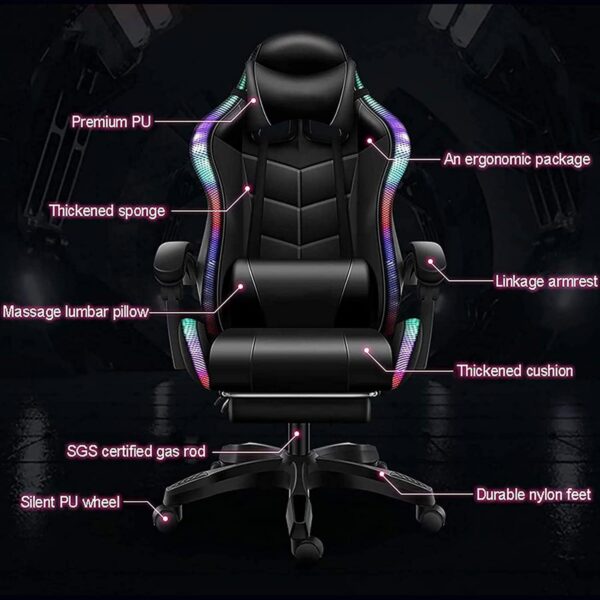 Gaming Chair with LED Light/Pro Gaming Chair with Bluetooth Speakers, Full Massager Lumbar Support and Bluetooth Speaker Video Gaming Chairs LED Lights Load-Bearing 150KG,White - Image 5