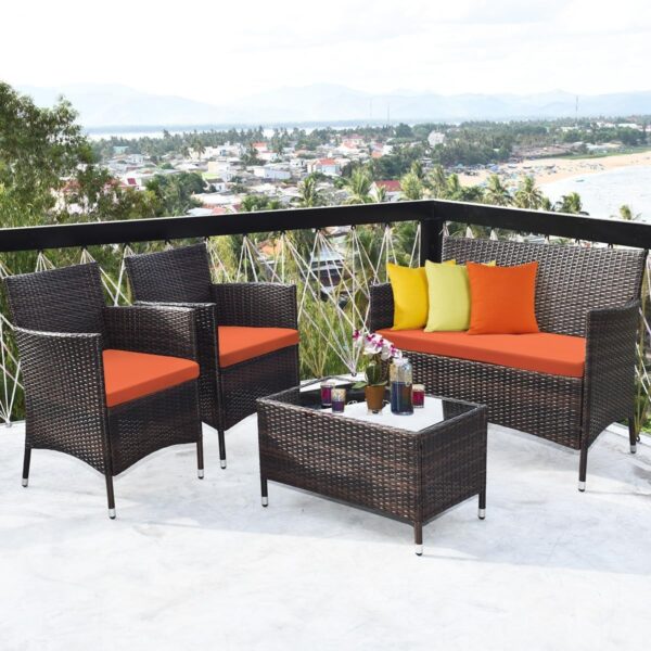 HOMGX 4 Piece Rattan Patio Furniture Set, Sectional Sofa Chair, Wicker Set with Tempered Glass Coffee Table & Thick Cushions, Wicker Patio Set for Garden, Lawn, Poolside, Backyard (Orange) - Image 2