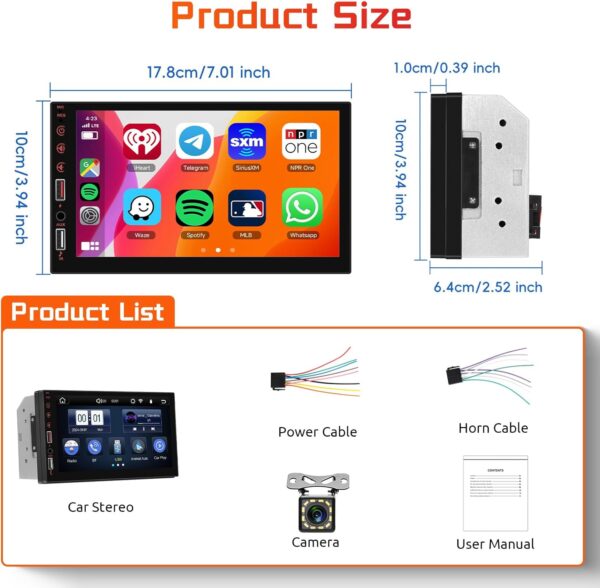 Hodozzy Double Din Car Stereo with Wireless Carplay Android Auto, 7 Inch IPS Touch Screen 2 Din Car Radio with Bluetooth, Mirror Link,EQ, SWC, FM Radio, USB/AUX, Digital Media Receivers with Camera - Image 8