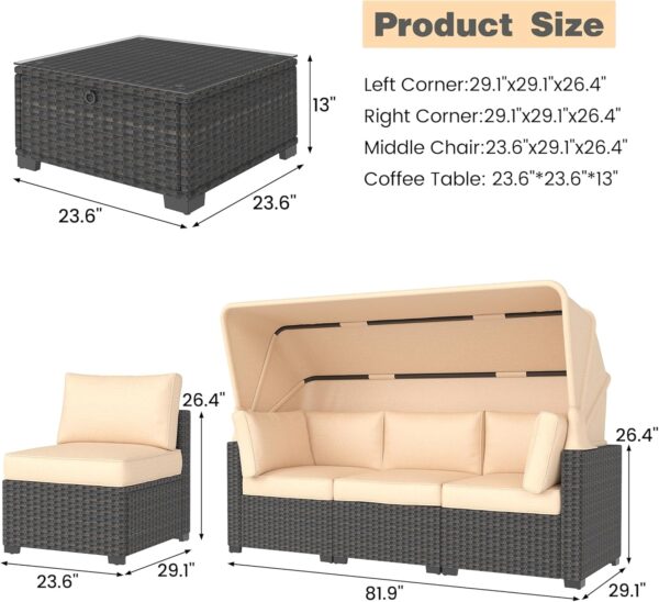 IDEALHOUSE Outdoor Daybed with Canopy,6 Pieces Patio Furniture Sets Adjustable Backrest PE Gradient Wicker Sectional Furniture Set with Tempered Glass Side Table - Image 4