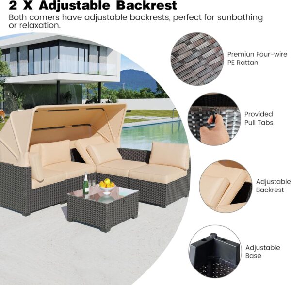 IDEALHOUSE Outdoor Daybed with Canopy,6 Pieces Patio Furniture Sets Adjustable Backrest PE Gradient Wicker Sectional Furniture Set with Tempered Glass Side Table - Image 7