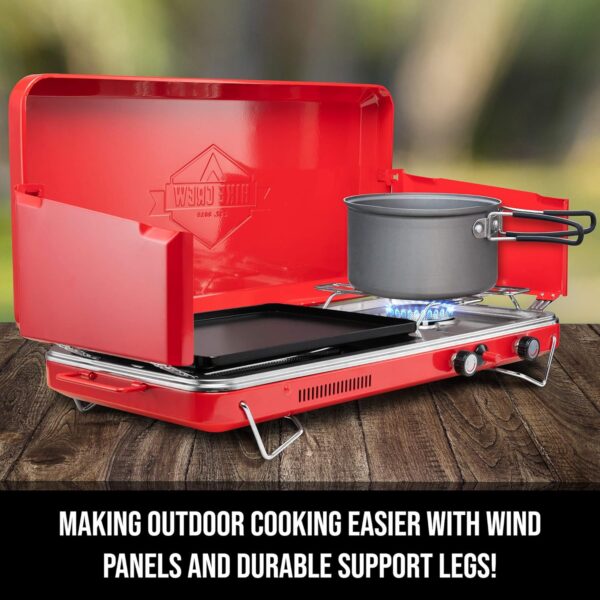 Hike Crew 2-in-1 Gas Camping Stove | Portable Propane Grill/Stove Burner w/Integrated Igniter & Stainless Steel Drip Tray | Built-in Carrying Handle, Foldable Legs & Wind Panels | Includes Regulator - Image 4