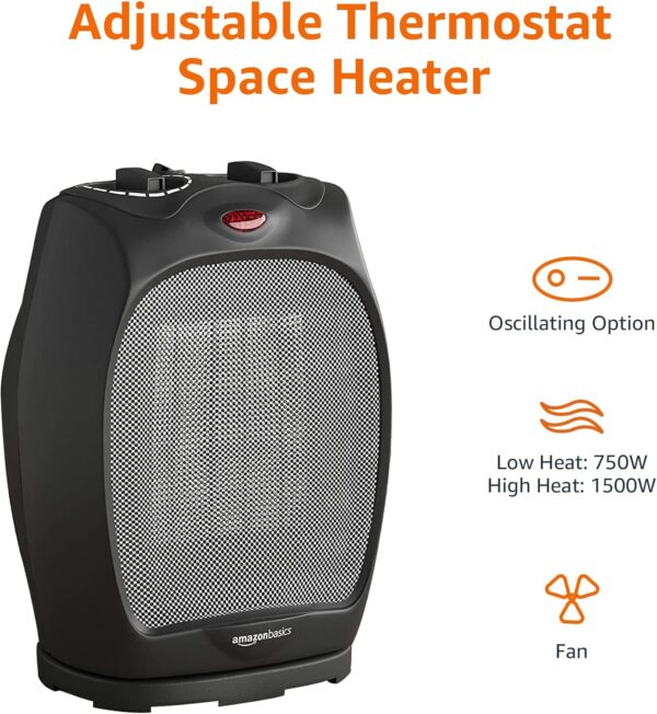 Amazon Basics 1500 Watt Oscillating Ceramic Space Heater with Adjustable Thermostat - Black - Image 3