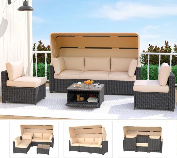 IDEALHOUSE Outdoor Daybed with Canopy,6 Pieces Patio Furniture Sets Adjustable Backrest PE Gradient Wicker Sectional Furniture Set with Tempered Glass Side Table - Image 2
