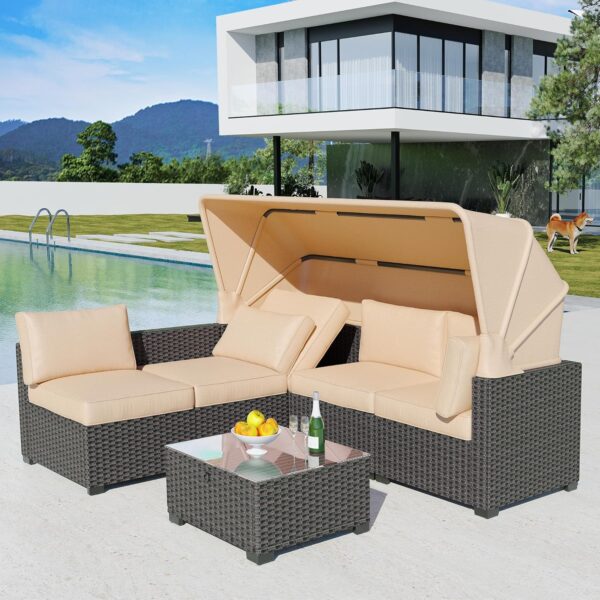 IDEALHOUSE Outdoor Daybed with Canopy,6 Pieces Patio Furniture Sets Adjustable Backrest PE Gradient Wicker Sectional Furniture Set with Tempered Glass Side Table - Image 3