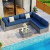 Shintenchi 7 Pieces Outdoor Patio Sectional Sofa Couch, Black Wicker Furniture Conversation Sets with Washable Cushions & Glass Coffee Table for Garden, Poolside, Backyard (Aegean Blue) - Image 10
