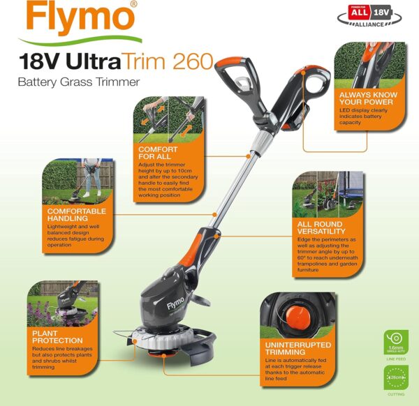 Flymo UltraTrim 260 3-in-1 Cordless Grass Trimmer - Without POWER FOR ALL Battery and Charger, 26cm Cutting Width, Edging mode, Automatic line feed, Height adjust, Tiltable head - Image 13