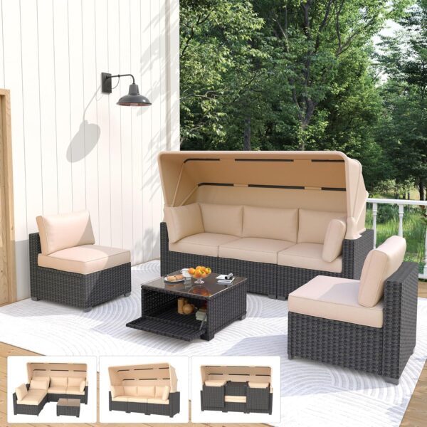 IDEALHOUSE Outdoor Daybed with Canopy,6 Pieces Patio Furniture Sets Adjustable Backrest PE Gradient Wicker Sectional Furniture Set with Tempered Glass Side Table - Image 8