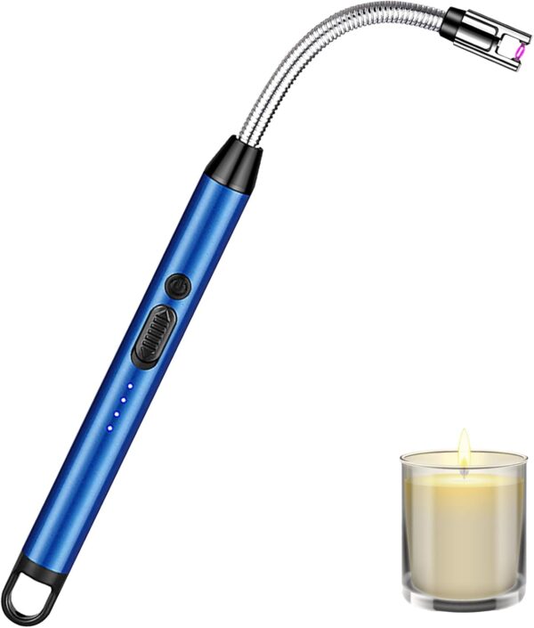 Electric Lighter - Windproof Electric Candle Lighter, Rechargeable USB Lighter with 360° Long Flexible Neck, Flameless Electric Arc Lighter with LED Battery Display for Barbecue, Camping - Blue - Image 2