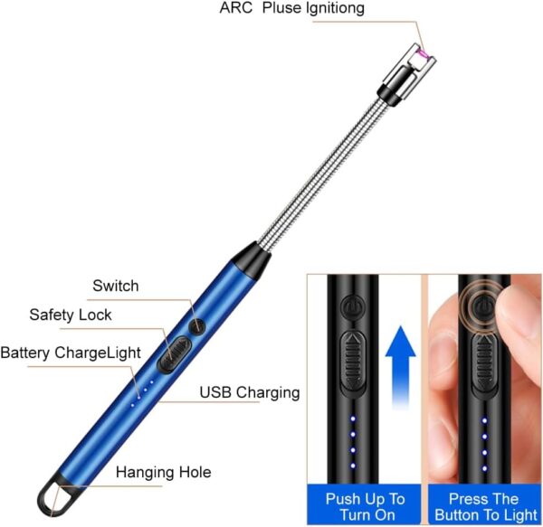 Electric Lighter - Windproof Electric Candle Lighter, Rechargeable USB Lighter with 360° Long Flexible Neck, Flameless Electric Arc Lighter with LED Battery Display for Barbecue, Camping - Blue - Image 4