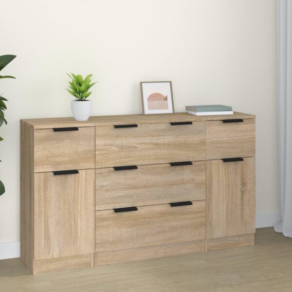 vidaXL Sideboard Set 3 Piece Living Room Storage Cabinet Cupboard Home Organiser Console Telephone Cabinet Sideboard Sonoma Oak Engineered Wood - Image 3