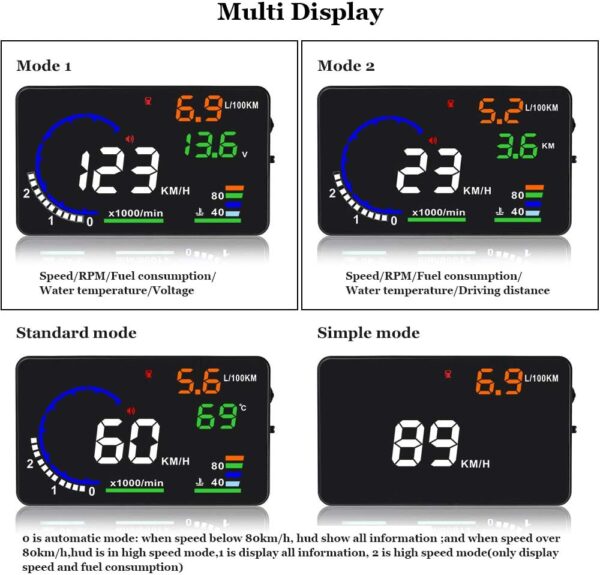 Arestech 5.5 inches A8 OBD2 Windshield HUD Head Up Display with Display RPM MPH Speeding Warning Fuel Consumption Temperature - Image 4