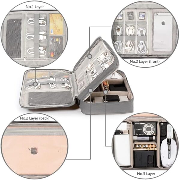 HCFGS Travel Cable Organiser Bag, Electronics Accessories Organizer Bag Extra Large 3-Layers Universal Carry Travel Gadget Bag for Power Bank, Memory Card, Data cable, Charger Hard Disk (Grey) - Image 3