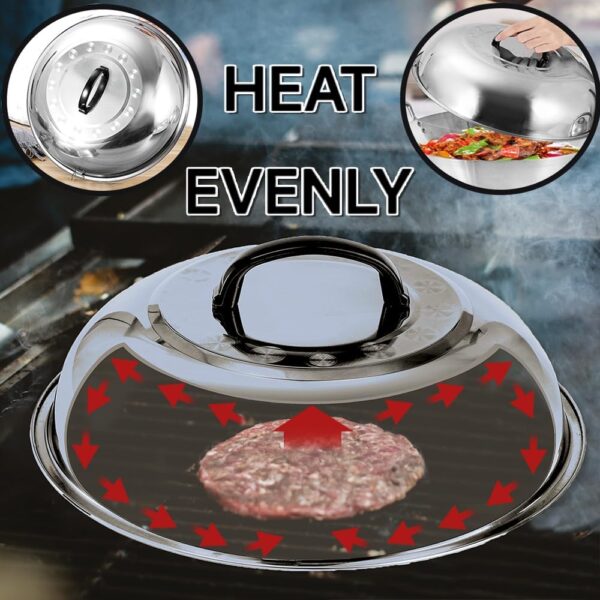 ZEAYEA 12 Inch Basting Cover and Grill Press Kit, BBQ Stainless Steel Griddle Accessories Kit for Hamburger Bacon Steak, Round Flat Top Griddle Cast Iron Grill Cooking Indoor or Outdoor Camping - Image 7