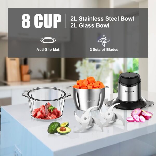 Sovyime Food Processor with 2 Bowls (2L+2L), Mini Chopper Electric Food Chopper, 2 Bi-Level Blades Mini Food Processors Meat Grinder for Kitchen Meat, Vegetables, Onions,Nuts,Fruit, Baby Food, 2 Speed - Image 3