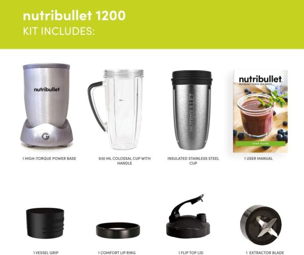 nutribullet 1200 8 Piece Set - 1200W Extraction - Blends Frozen Fruit, Nuts & Ice - Includes 1x 900ml Insulated Steel Cup, 1x 900ml Colossal Cup, 2x Handled Rings & 2 Lids - Blender & Smoothie Maker - Image 4