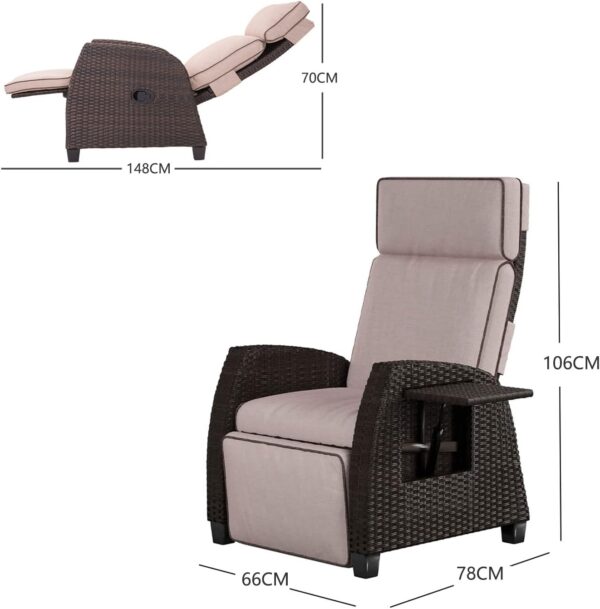 Grand patio Recliner Sun Lounger for Garden, Adjustable Position Height Armchair with Flip Table and Cushion, Lounge Chair for Indoor, Outdoor (Brown Wicker, Grey Cushion) - Image 3