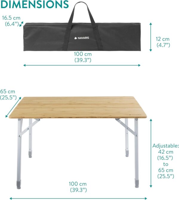 Navaris Bamboo Camping Table - Portable Folding Campervan Table - Picnic Tables that Fold Up - Foldable Fishing Table with Aluminium Telescopic Legs - Outdoor Foldaway Card Table - Image 3