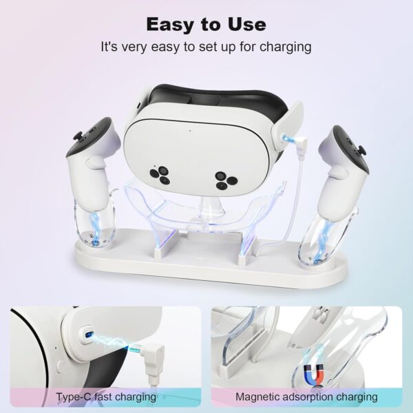 Charging Dock for Meta Quest 3S/Quest 3,VR Charger Station Stand with LED/RGB Light,Charging Station for Quest 3S/Quest3 Headset and Controller,USB-C Fast Charging (white) - Image 4