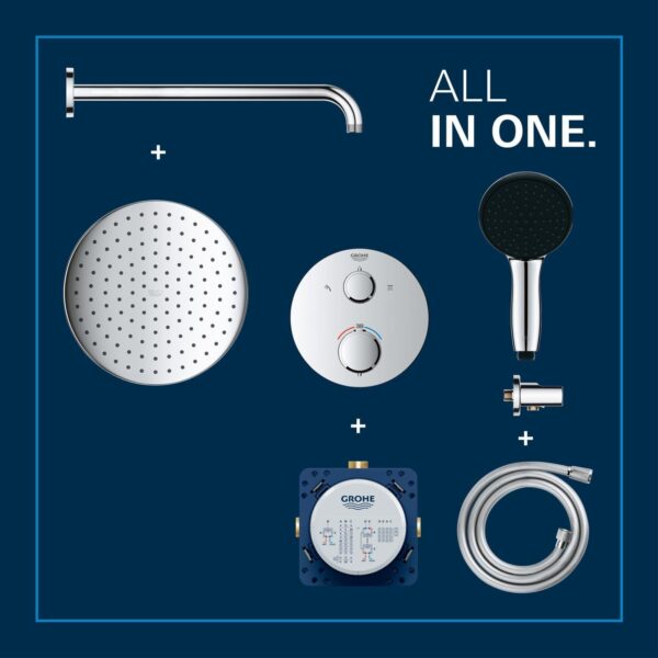 GROHE Precision Round - Concealed Shower System with 2 Outlets Thermostat (25 cm Round Head Shower 1 Spray, 11 cm Round Hand Shower 2 Sprays, Shower Hose 1.5 m, Circular Trim), Chrome, 34883000 - Image 5