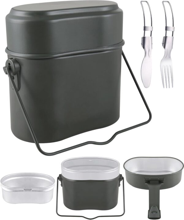 Camping Cookware Mess Kit,Camp Cook Set, Germany Military Green Mess Kit, 3 in 1 Aluminum Camp Pot, Lightweight Camping Pots and Pans Set - Image 2
