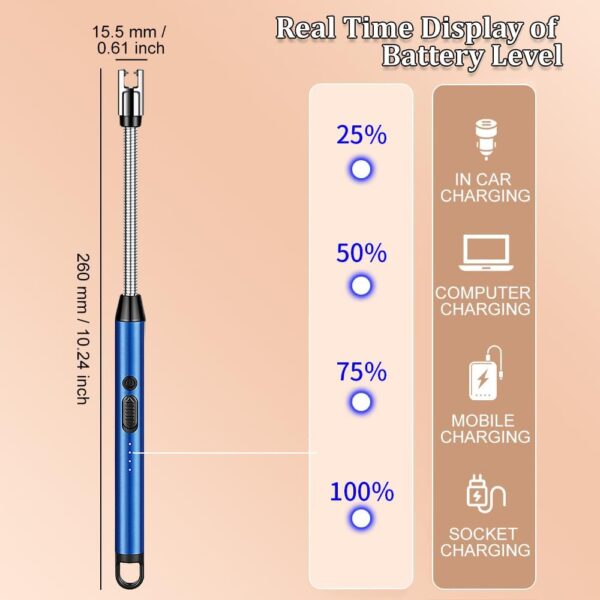 Electric Lighter - Windproof Electric Candle Lighter, Rechargeable USB Lighter with 360° Long Flexible Neck, Flameless Electric Arc Lighter with LED Battery Display for Barbecue, Camping - Blue - Image 6