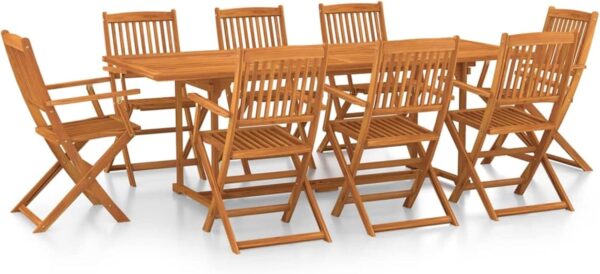 9 Piece Garden Dining Set Garden Table with 8 Garden Armchairs Wood Patio Chair with Backrest Outdoor Furniture Set Wooden Extending Dining Table and Folding Chair Solid Acacia Wood - Image 3