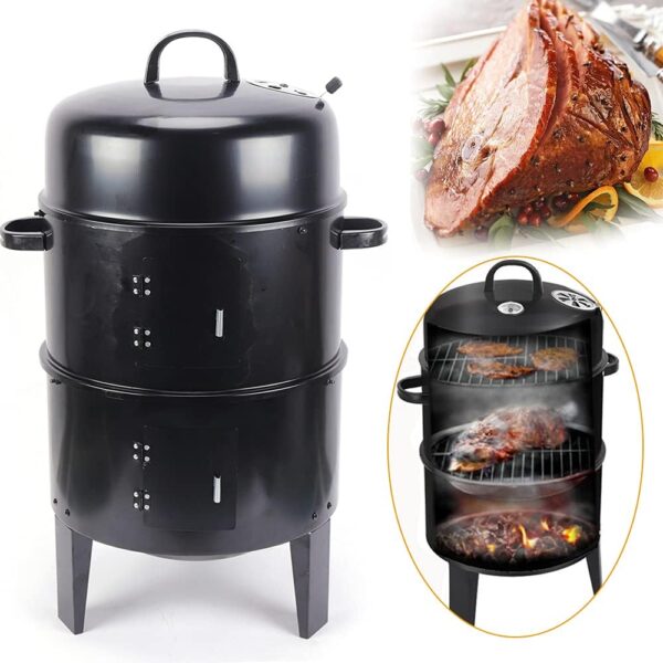 3 in 1 Charcoal Smoker BBQ Grill, 40 * 84cm, Heavy Duty, Black, Stainless Steel, Enamel, Charcoal Smoker Grill, Garden, Camping, Outdoor Cooking - Image 4