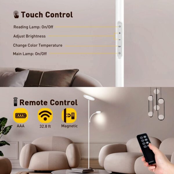 OUTON LED Floor Lamp with Reading Lamp, Mother/Father Parent & Child Uplighter and Spotlight Design Floor Lamp, Dimmable Standing Lamp, Remote & Touch Control for Living Room Bedroom Office, White - Image 3