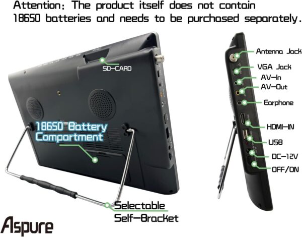 14Inch Portable Digital DVB-T2 HD Freeview LED TV with charger battery compartment for Car,Camping,Outdoor, Kitchen.Rechargeable Batteries,Television/Monitor with media Player USB LEADSTAR - Image 3