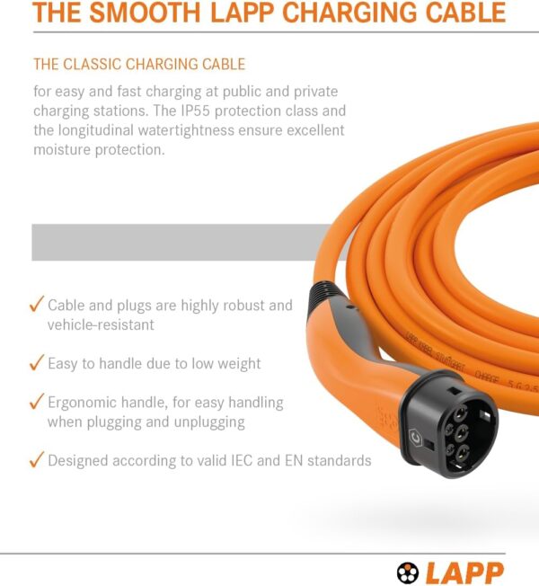 LAPP Mobility EV Charger Type 2 7,4 kW / 32 A / 1-phase/Charging Cable for Electric Car Charger, Smooth Surface / 7 Metres/Mode 3 / orange - Image 6