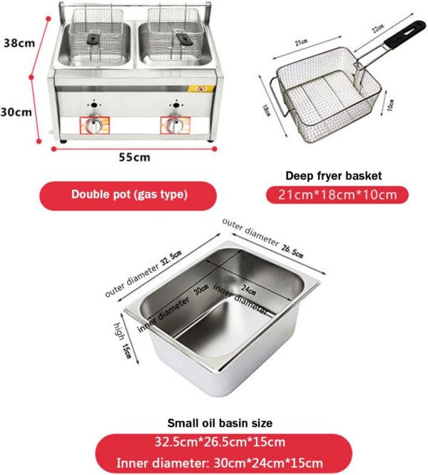 Commercial Countertop LPG Gas Deep Fat Fryer Dual Tanks with 10Lx2 Basket and Lid Stainless Steel Large Capacity Propane LPG with Metal Tube for French Fries Home Kitchen Restaurant - Image 7