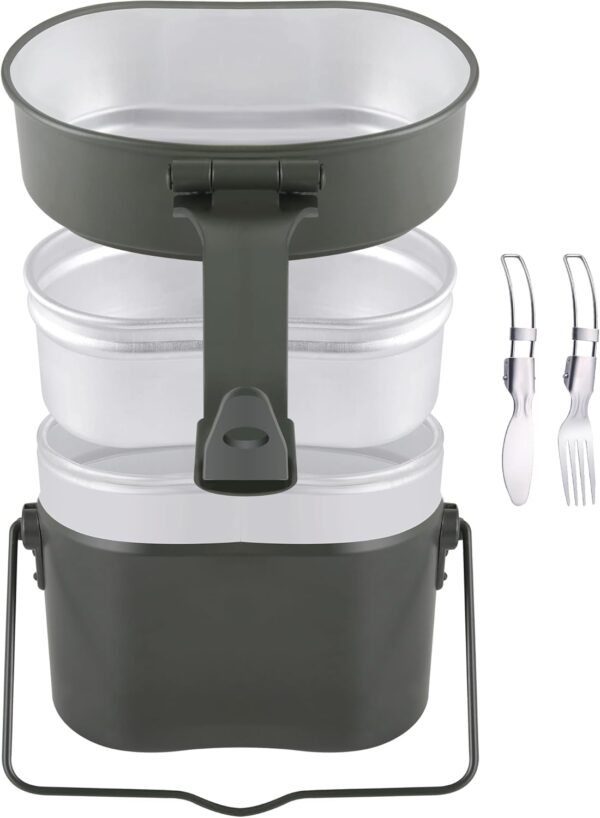 Camping Cookware Mess Kit,Camp Cook Set, Germany Military Green Mess Kit, 3 in 1 Aluminum Camp Pot, Lightweight Camping Pots and Pans Set - Image 6