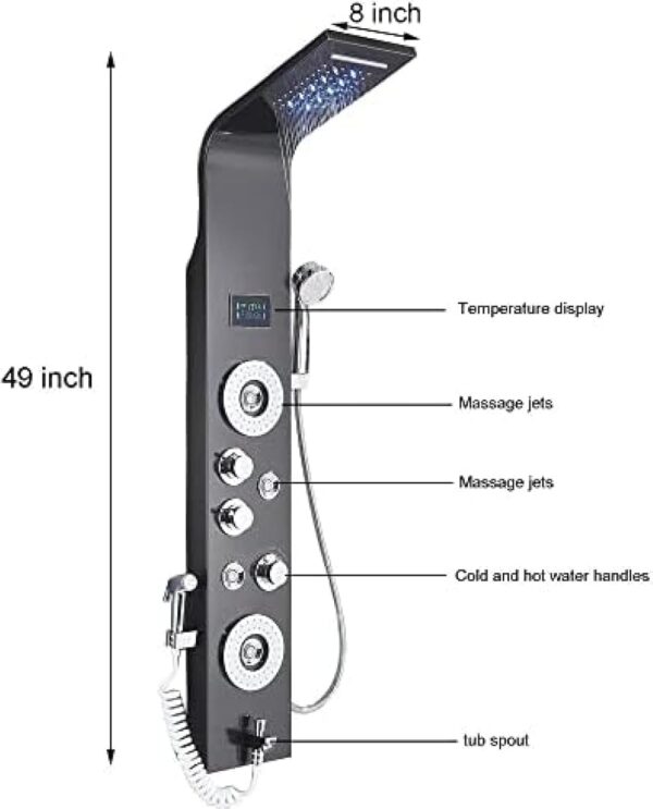 Stainless Steel Shower Panel Tower System,LED Rainfall Waterfall Shower Head 5-Function Faucet Rain Massage System with Body Jets-Brushed Nickel C,Black E - Image 6
