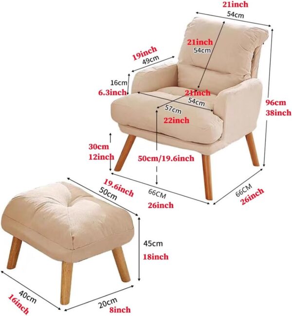 WAGXIyU Mid Century Modern Chair With Wood Frame, Upholstered Living Room Chairs With Backrest Angle Adjustment, Reading Armchair Lazy Chair For Bedroomroom (Color : /Khaki, Size : A) - Image 3