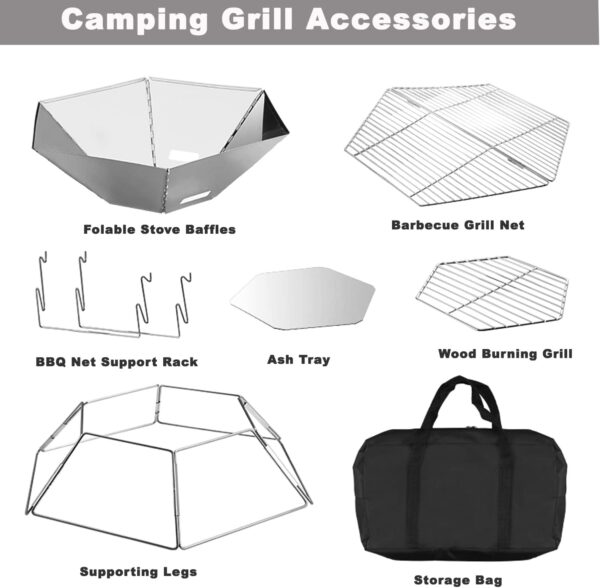 BBQ Charcoal Grill 304 Stainless Steel Camping Fire Pit,Large Cpacity Hexagonal Collapsible Campfire Grill with Carrying Bag for Outdoor Cooking Camping Picnic & Bonfires - Image 7