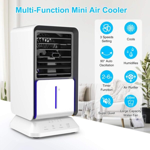 Personal Air Cooler, Infray Portable Oscillating Air Conditioner Desk Fan Mini Evaporative Cooler, Mist Humidifier, Air Circulator Desktop Space Cooler with Timer Function for Home Office Bedroom - Image 3